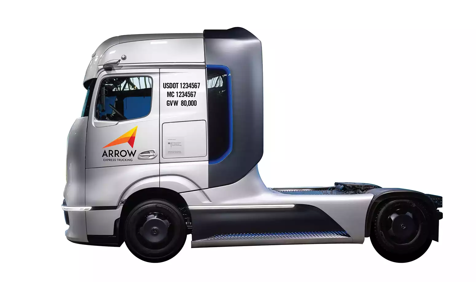The image portrays a Mercedes Semi-Truck with a vinyl graphics package that enhances its visual appeal and reinforces its branding.