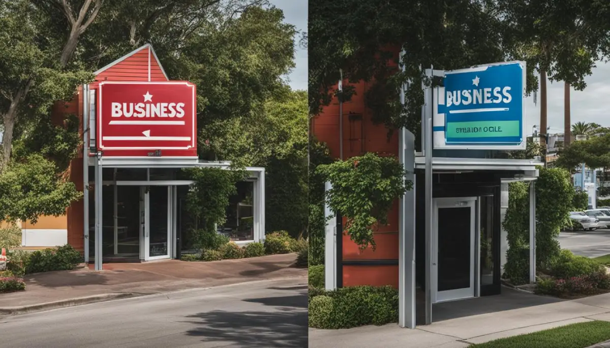A business sign done correctly on one side and done poorly on the other